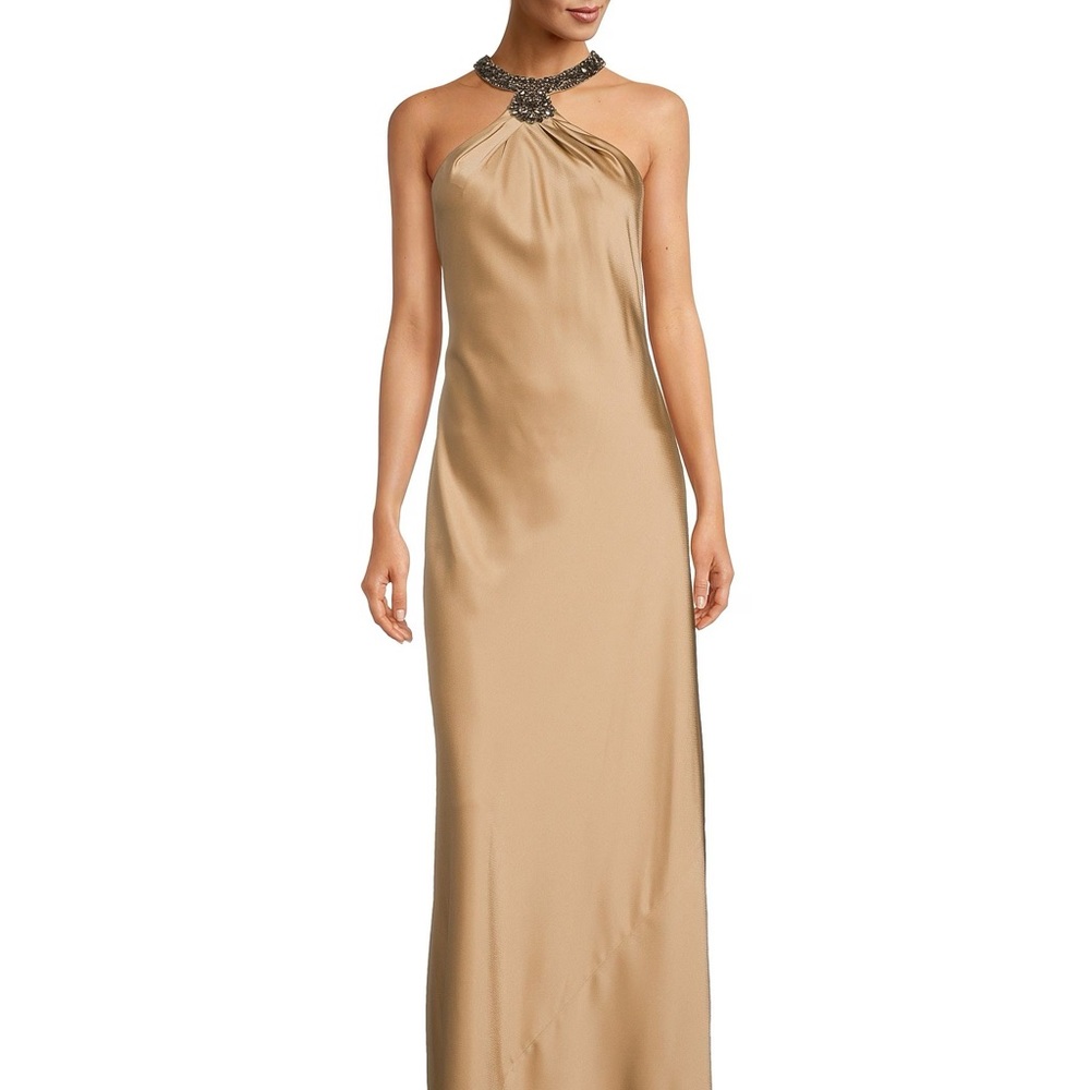 Lauren by Ralph Lauren beaded satin charmeuse halter gown